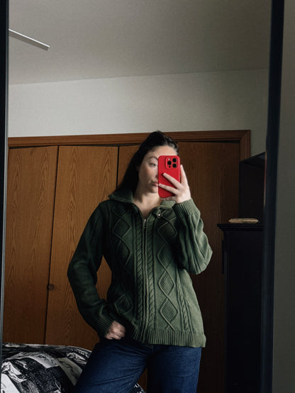 green knit zip up sweater