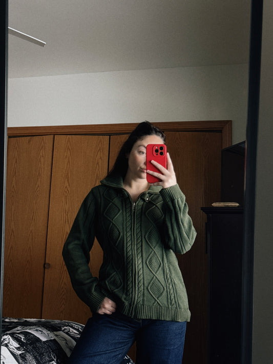 green knit zip up sweater