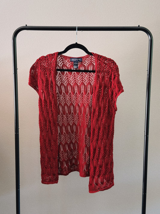 red knit short sleeve cardigan