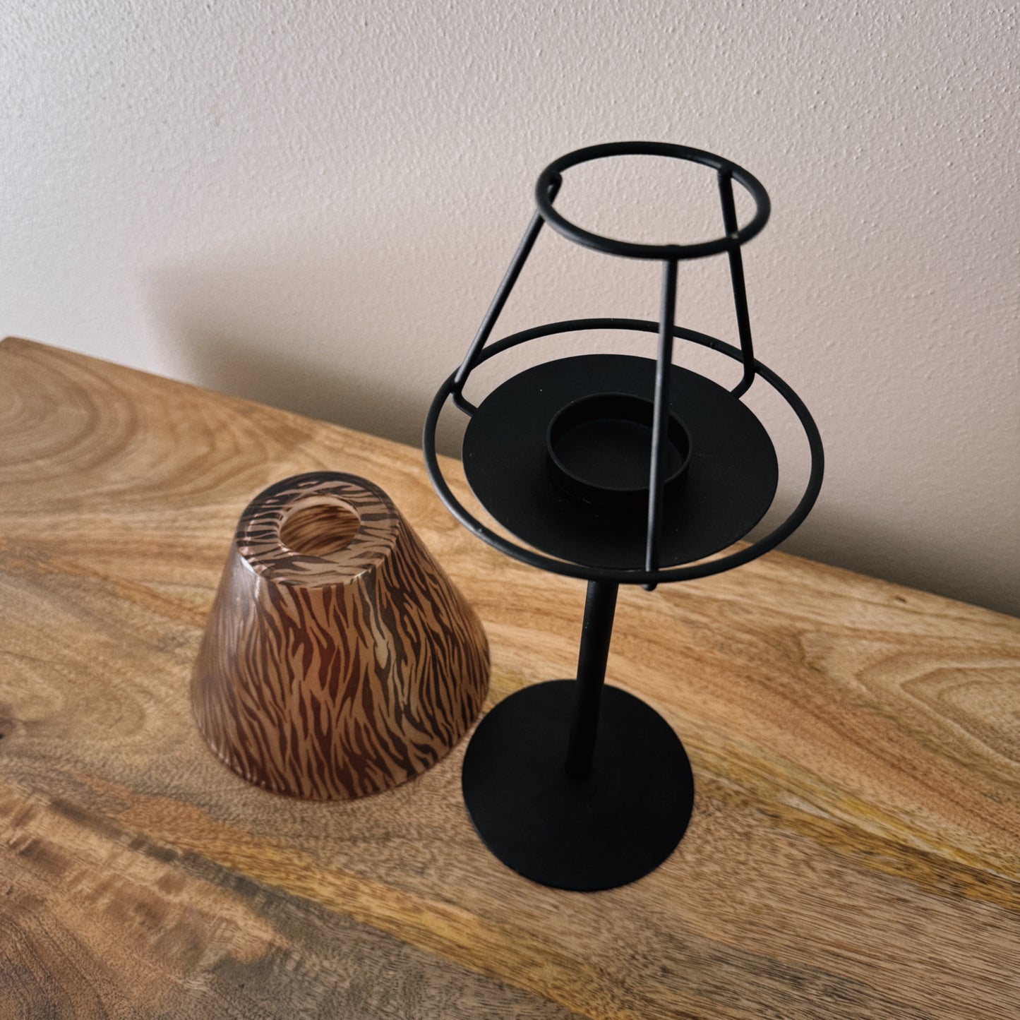 metal candle holder with zebra print glass shade