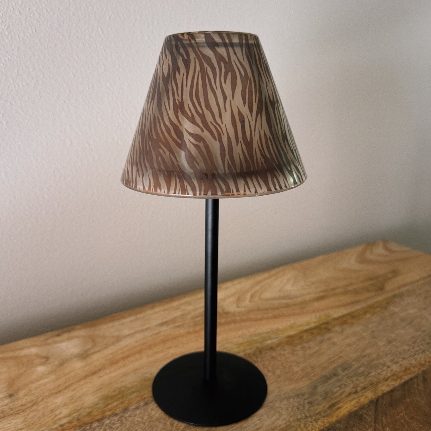 metal candle holder with zebra print glass shade