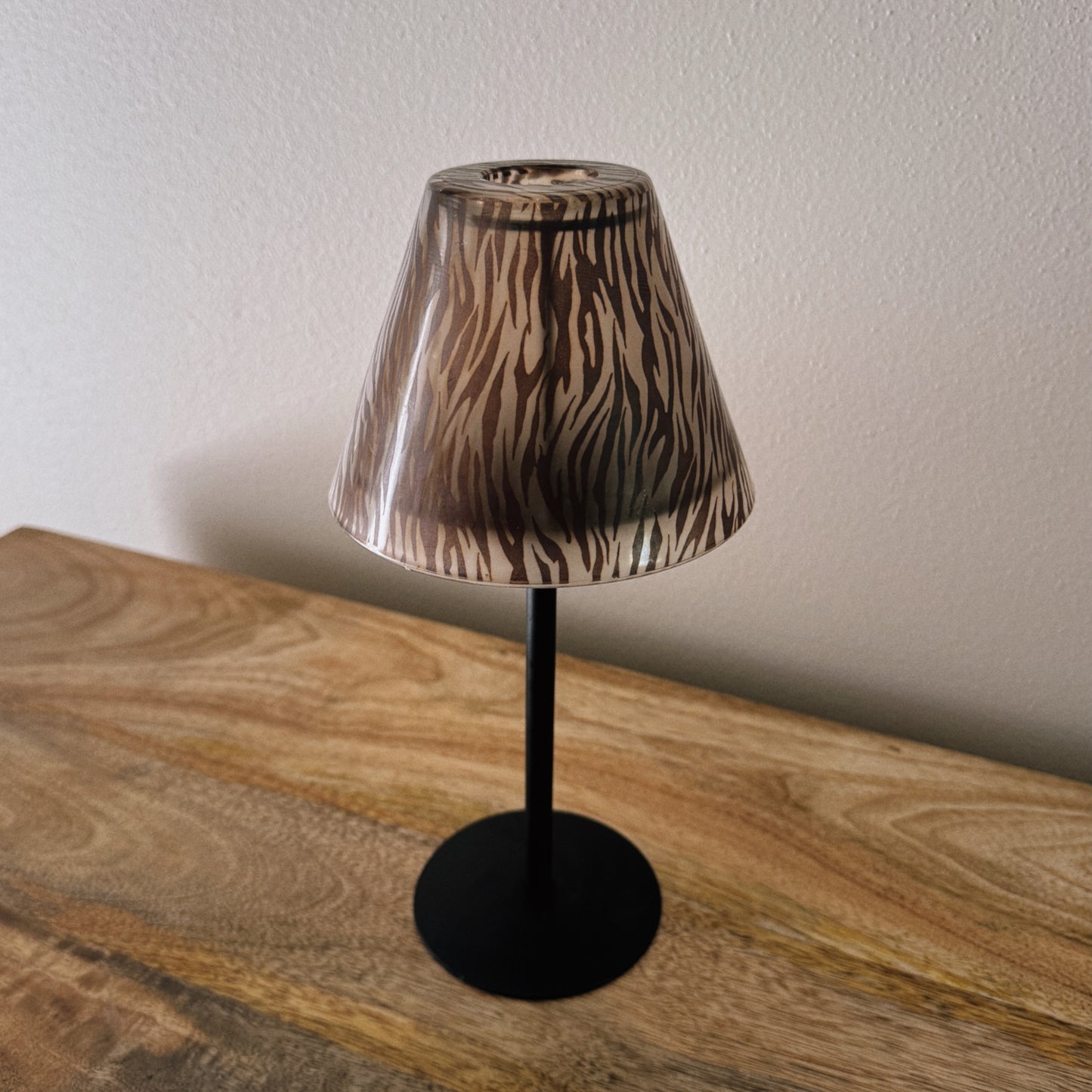 metal candle holder with zebra print glass shade