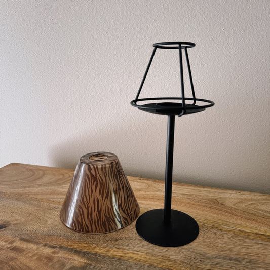 metal candle holder with zebra print glass shade