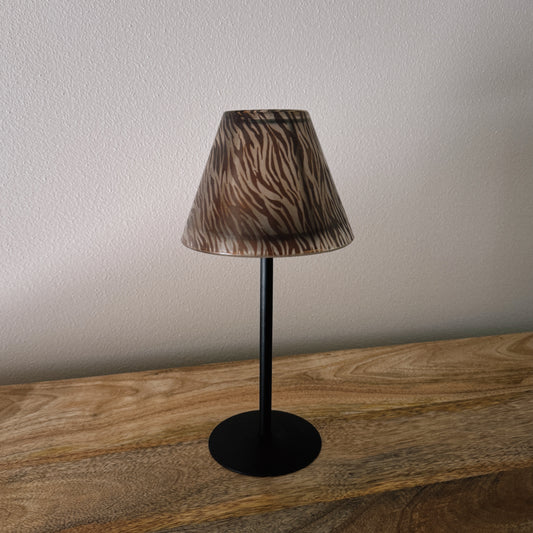 metal candle holder with zebra print glass shade