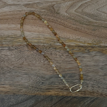 orange and yellow glass beaded necklaces with 18k gold filled carabiner