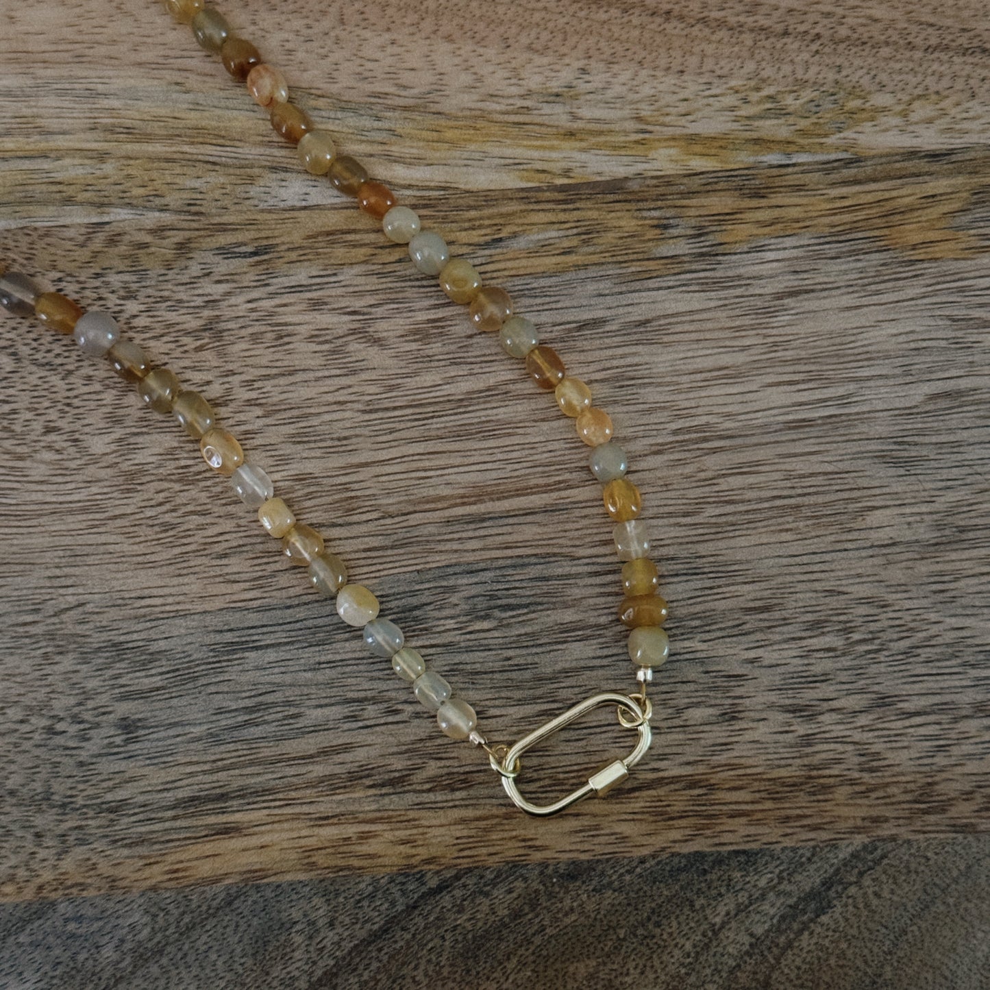 orange and yellow glass beaded necklaces with 18k gold filled carabiner