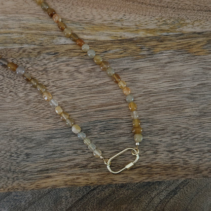 orange and yellow glass beaded necklaces with 18k gold filled carabiner