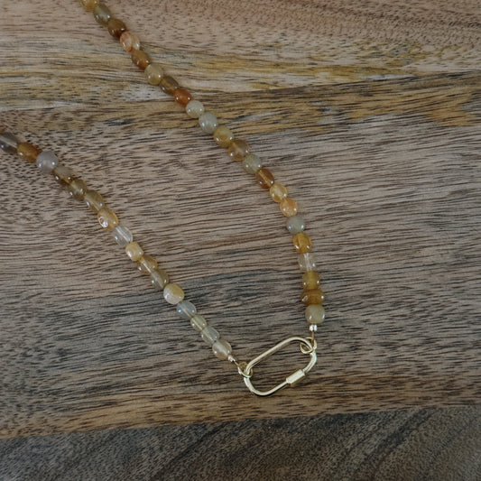 orange and yellow glass beaded necklaces with 18k gold filled carabiner