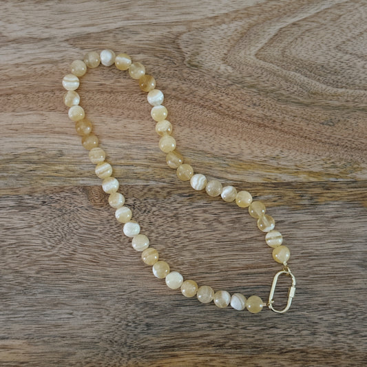 yellow glass beaded necklace with 18k gold filled carabiner