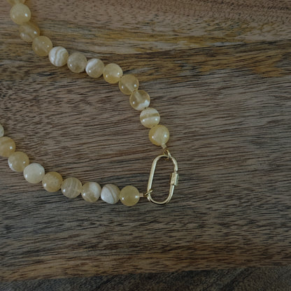 yellow glass beaded necklace with 18k gold filled carabiner